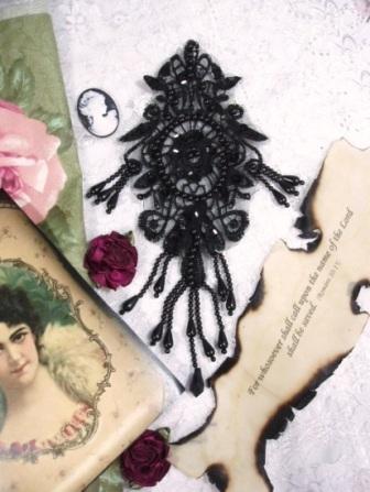 0204 Black Venise Lace Sequin Beaded Applique 7.75"-black,venise,venice,lace,beaded,bead,sequin,applique,motif
