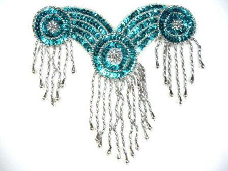 0254 Turquoise Collar Sequin Beaded Applique  7.5"-turquoise,sequin,beaded,applique,trimmings,embellishment,motif,yoke,turquoise,motif,collar