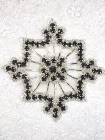 0260  Black Jewel Silver Beaded Rhinestone Applique 4"-black,silver,snowflake,jewel,rhinestone,beaded,applique,embellishment