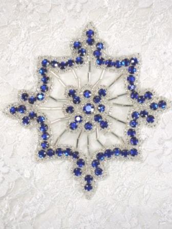 0260  Blue Jewel Silver Beaded Rhinestone Applique 4"-blue,silver,snowflake,jewel,rhinestone,beaded,applique,embellishment
