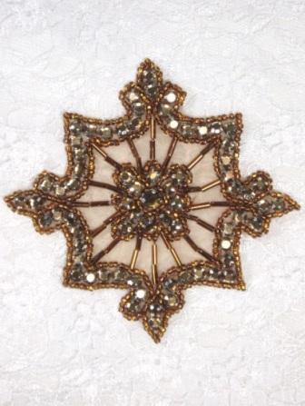 0260  Bronze Jewel Bronze Beaded Rhinestone Applique 4"-bronze,snowflake,jewel,rhinestone,beaded,applique,embellishment