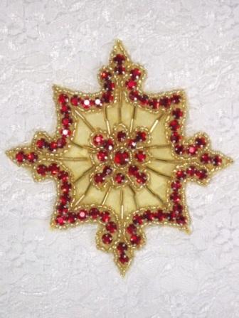 0260  Red Jewel Gold Beaded Rhinestone Applique 4"-red,gold,snowflake,jewel,rhinestone,beaded,applique,embellishment