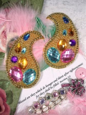 0374  REDUCED Gold Jeweled Paisley Mirror Pair Beaded Appliques 4.25"-gold,acrylic,jeweled,paisley,pink,blue,turquoise,purple,orange,bead,beaded,mirror,pair,appliques,applique