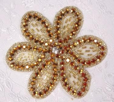 K8270 Gold Rhinestone Flower Beaded Applique 3.75"-gold,rhine,rhinestone,stone,bead,beaded,applique