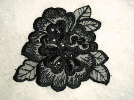 E2708  Black (right) Venice Lace Floral Sequin Beaded Applique 5.5"-black,venice,lace,venise,victorian,embellishment,sewing,clothing,sequin,beaded,bead,sequins,applique,motif,sewing,beaded,left