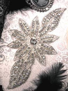 JB33A High Quality Silver Beaded Floral Crystal Rhinestone Applique 6.5"