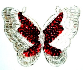 K8110  Red / Silver Butterfly Sequin Beaded Hair Bow / Brooch / Applique 4"
