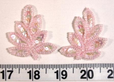 AT8633  Pink Crystal AB Leaf Mirror Pair Sequin Beaded Appliques 2"