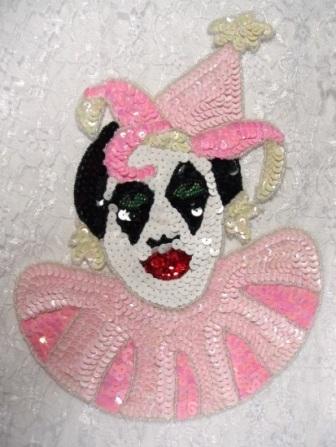 K9282  Pink Jester Clown Sequin Beaded Applique 10"