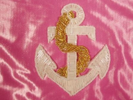 K9295  Crystal Gold Anchor & Rope Beaded Sequin Applique 4.25"-crystal,gold,anchor,rope,nautical,ocean,trim,pearl,floral,beaded,applique,trimmings,embellishment,pink,motif,beaded,sequin,applique,sequins,beads,