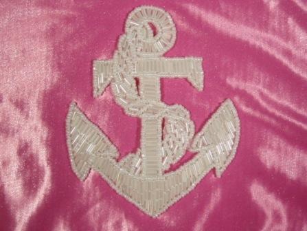 K9295  Crystal Anchor & Rope Beaded Sequin Applique 4.25"-crystal,anchor,rope,nautical,ocean,trim,pearl,floral,beaded,applique,trimmings,embellishment,pink,motif,beaded,sequin,applique,sequins,beads,