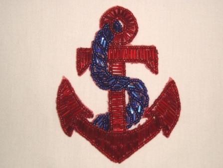 K9295  Red Anchor & Rope Beaded Sequin Applique 4.25"-anchor,rope,nautical,ocean,trim,pearl,floral,beaded,applique,trimmings,embellishment,pink,motif,beaded,sequin,applique,sequins,beads,