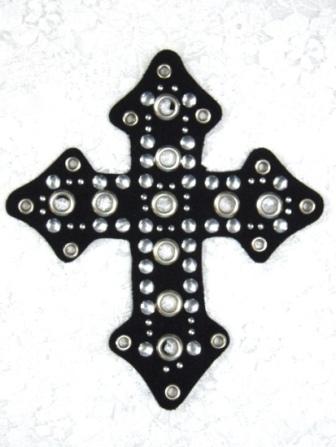 L5  Black Silver Leather Cross Beaded Applique 5"-cross,black,beaded,applique,trimmings,embellishment,motif,motif