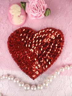 MS48 Red Heart Beaded Sequin Applique 2.75"