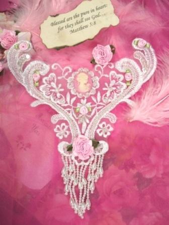 VG5   White Pink Venise Lace Cameo Bodice Applique 8.5"-pink,venise,venice,lace,bodice,cameo