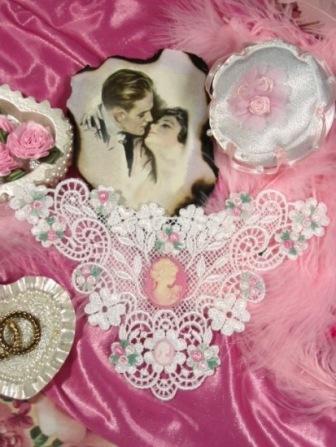 VG14   White Pink Venise Lace  Cameo  Applique 6.75"-pink,venise,venice,lace,cameo