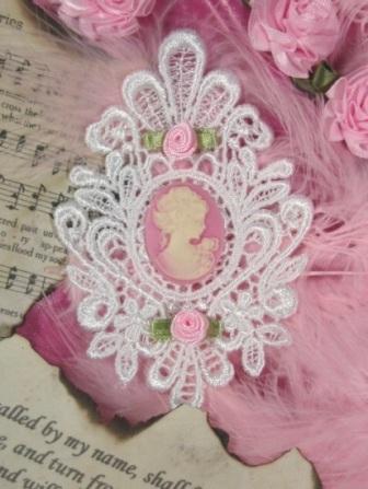 VG16  White Pink Venise Lace Cameo  Applique 4"-pink,venise,venice,lace,cameo