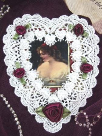 M2   White Burgundy Venise Lace Heart Picture Frame Magnet  Applique 4.5"-burgundy,magnet,picture,frame,venise,venice,lace,heart,cameo