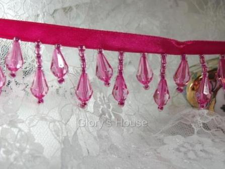 E1670 Fuchsia Teardrop Beaded Fringe Sewing Trim 1"-fuchsia,teardrop,fringe,embellishment,beaded,beads,applique,trim,motif,