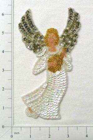 E594 Religious  Angel Sequin Beaded Applique 6"-angel,christmas,religious,embellishment,sequin,beaded,applique,appliques,