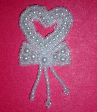 E66494  White Pearl Heart Bow Beaded Dangle Applique 2"-embellishment,beaded,bead,applique,mini,small,white,