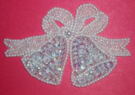 E6574   Wedding Bells Crystal AB Sequin Beaded Applique 4.25"-sequin,applique,beaded,ring,wedding,bells,crystal