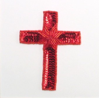 E837 Red Cross Beaded Sequin Applique 4"-red,cross,religious,embellishment,sewing,clothing,sequin,beaded,bead,sequins,applique,sewing,beaded