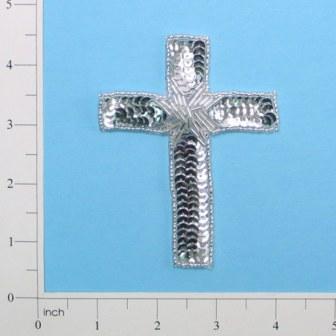 E837 Silver Cross Beaded Sequin Applique 4"-silver,cross,religious,embellishment,sewing,clothing,sequin,beaded,bead,sequins,applique,sewing,beaded