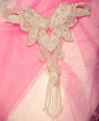 EA13  Crystal AB Pearl Bodice Sequin Beaded Applique 14"-applique,sequin,beaded,applique,motif,crystal,pearl,bodice