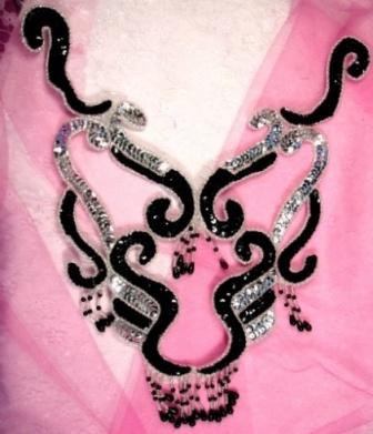 EA14  Black & Silver Bodice Sequin Beaded Applique 14"-applique,sequin,beaded,applique,motif,crystal,pearl,bodice