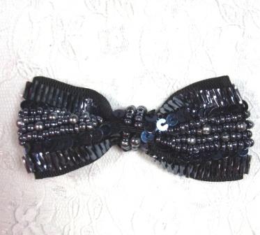 EA15  Gunmetal Ribbon Bow Sequin Beaded Applique 3"-applique,sequin,beaded,applique,motif,bow,gunmetal