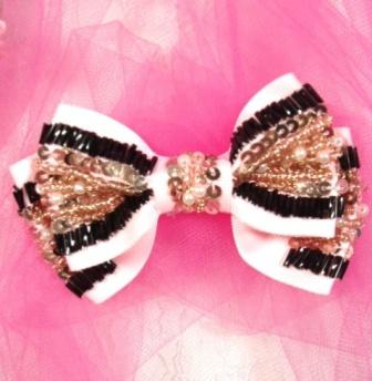 EA18  Pink Ribbon Bow Sequin Beaded Applique 4"-applique,sequin,beaded,applique,motif,bow,pink