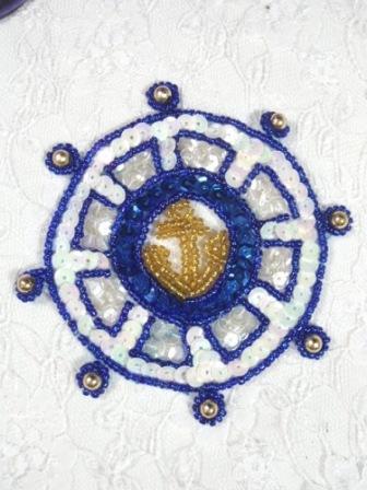 EA7 Captain Wheel Anchor Sequin Beaded Applique 3.75"-blue,captain,wheel,nautical,anchor,sequin,beaded,applique,motif, 