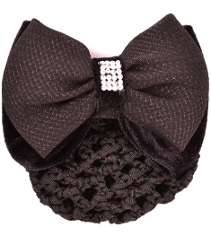 E222 Black Crystal Hair Bow w/ detachable Bun Net