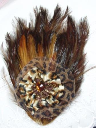 FB27  Leopard Lace & Jewel Feather Brooch Applique 7.5"-feather,brooch,applique,leopard,heart,hair,bow