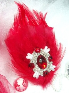 FB41 Red Feather Crystal Rhinestone Applique Brooch 7"