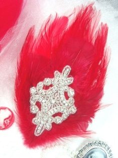 FB42 Red Feather Crystal Rhinestone Applique Brooch 7"