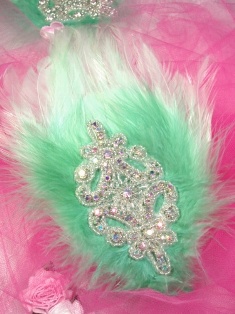 FB51  Mint Green Feather Crystal AB Rhinestone Applique Brooch 7"