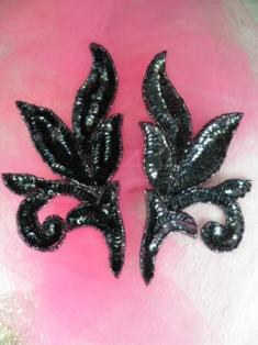 FS145 Gunmetal Mirror Pair Beaded Sequin Appliques 7"