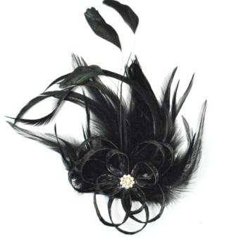 E4163  Rhinestone Feather Brooch / Pin Black Vintage Style-feather,brooch,pin,applique,