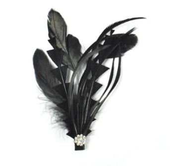 FE4164  Rhinestone Feather Brooch / Pin Black Vintage Style-feather,brooch,pin,applique,