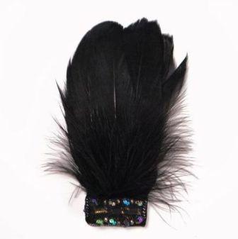 FE4167   Black Beaded Victorian Feather Brooch / Applique-black,feather,fur,brooch,applique,rhinestone