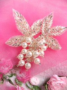 FS03  Silver Pearl Cluster Beaded Applique 3.5"