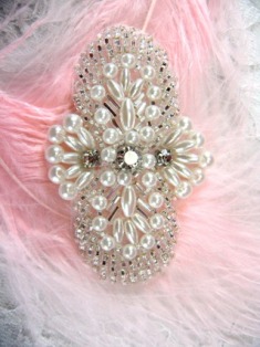 FS04 Silver Pearl  Beaded Rhinestone Applique 2.75"