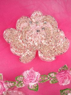 FSSF08 Silver Pearl Floral Rhinestone Beaded Applique 3.5"