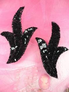 FS1023B Black Mirror Pair Beaded Sequin Appliques 4"