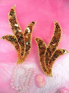FS1023B Gold Mirror Pair Beaded Sequin Appliques 4"