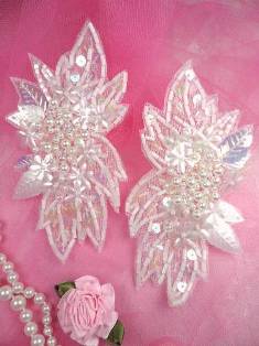 FS1025X White Satin Beaded Leaf Mirror Pair Sequin Appliques 4.5"