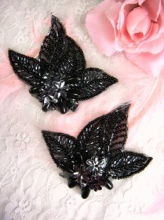 FS1096 Black & Gunmetal Floral Mirror Pair Beaded Sequin Appliques 3.5"
