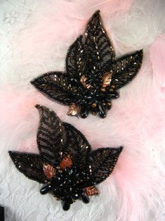 FS1096 Black & Bronze Floral Mirror Pair Beaded Sequin Appliques 3.5"